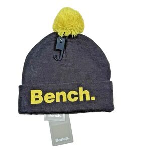 BENCH Pom Pom Beanie Logo Knit Fold‎ Beanie One Size Black Yellow Unisex NWT